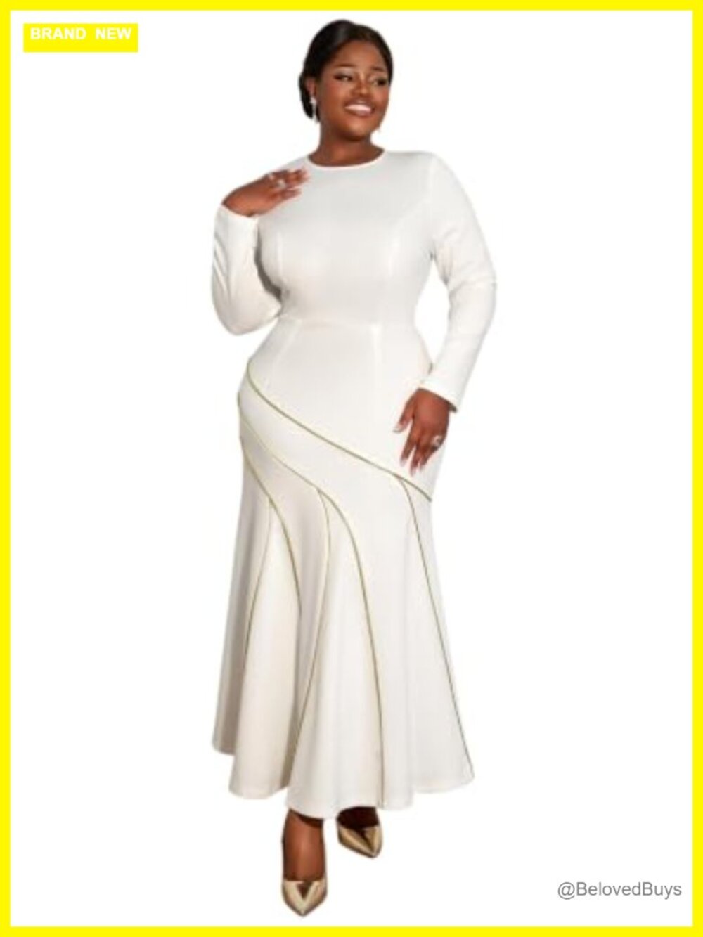 Long Sleeve Mermaid Maxi Dress Gold Trim Formal Wedding Guest Gown
